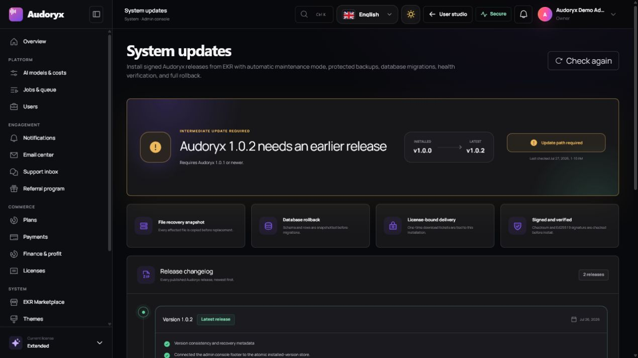 Audoryx System updates page showing version status, release recheck, protected file and database rollback, license-bound delivery, signature verification, and changelog.