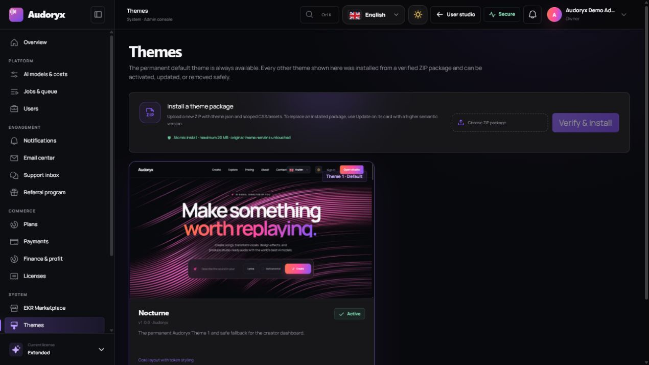 Audoryx Themes administration showing the verified ZIP upload control and the permanent Nocturne fallback theme with a full landing-page preview.