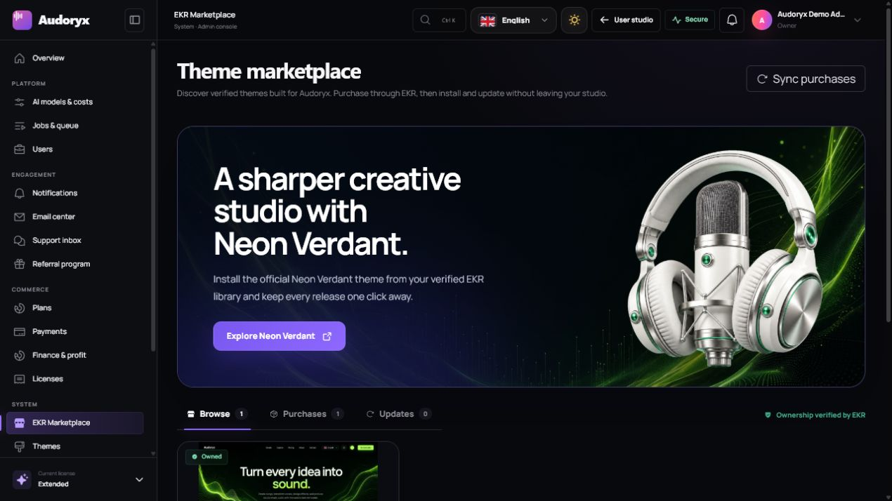 Audoryx EKR Marketplace showing purchase synchronization, Neon Verdant preview, product tabs, ownership verification, and an owned theme entry.