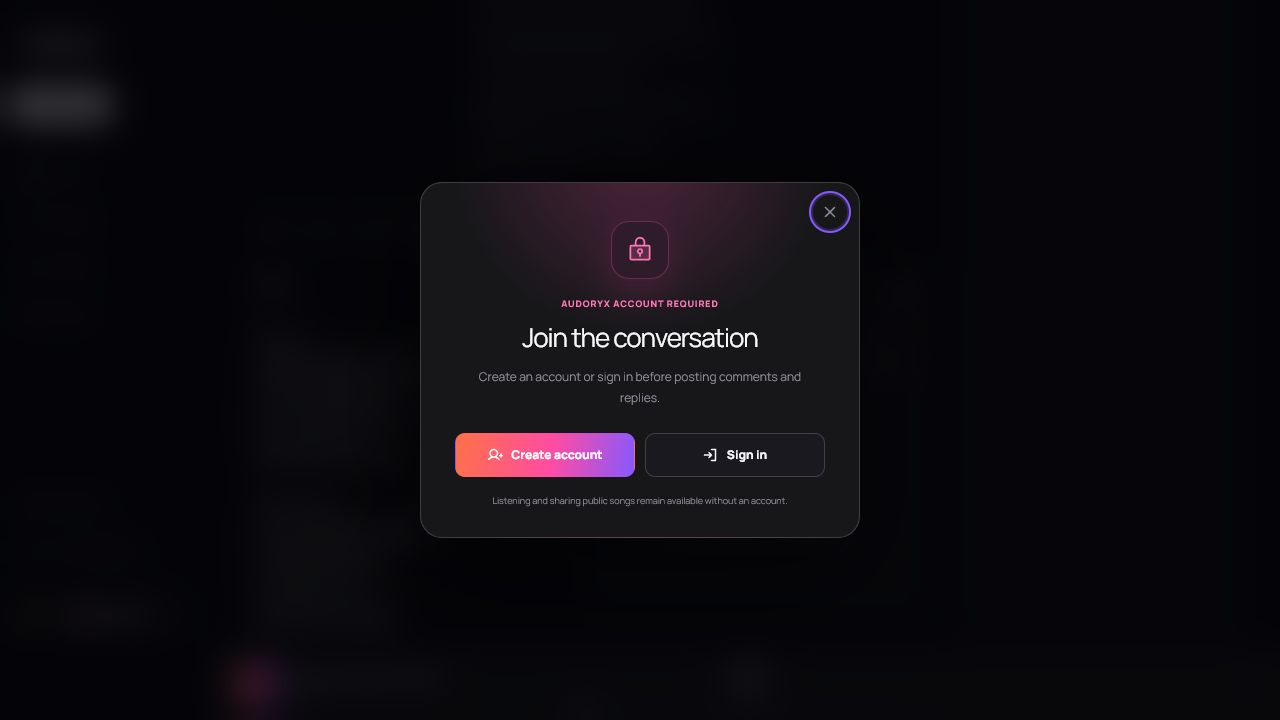 Public Audoryx song page with a focused sign-in modal offering account creation and login before a protected interaction.