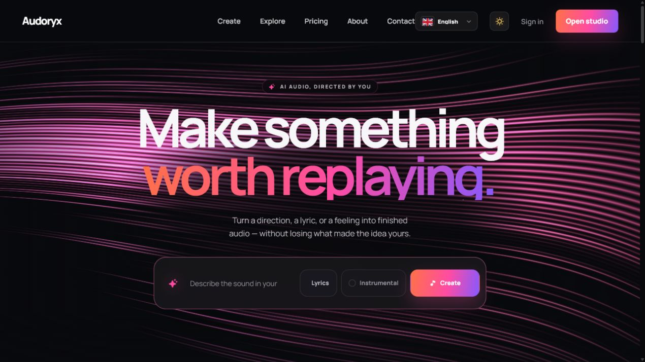 Audoryx Nocturne landing page with primary navigation, appearance control, hero message, prompt field, lyrics option, and studio call to action.