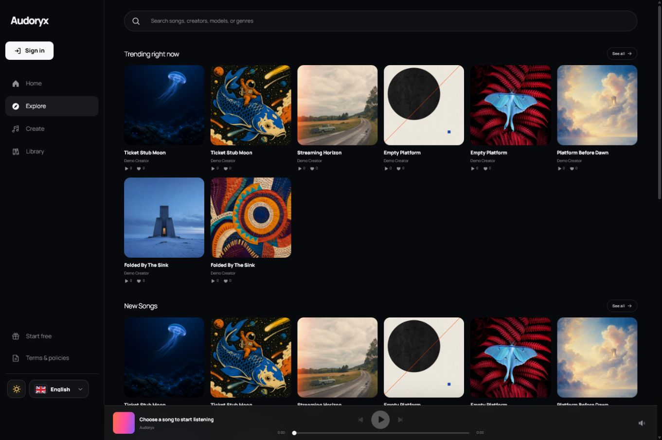 Audoryx public Explore page for a signed-out visitor with search, trending songs, navigation, sign-in action, and persistent audio player.