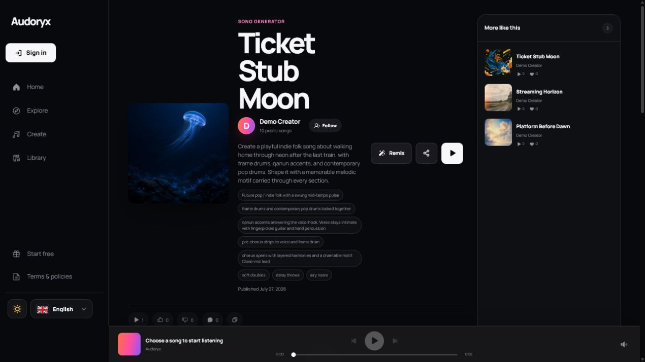 Audoryx public song page with cover, title, creator, description, style tags, remix, share, play, engagement, recommendations, and persistent player.