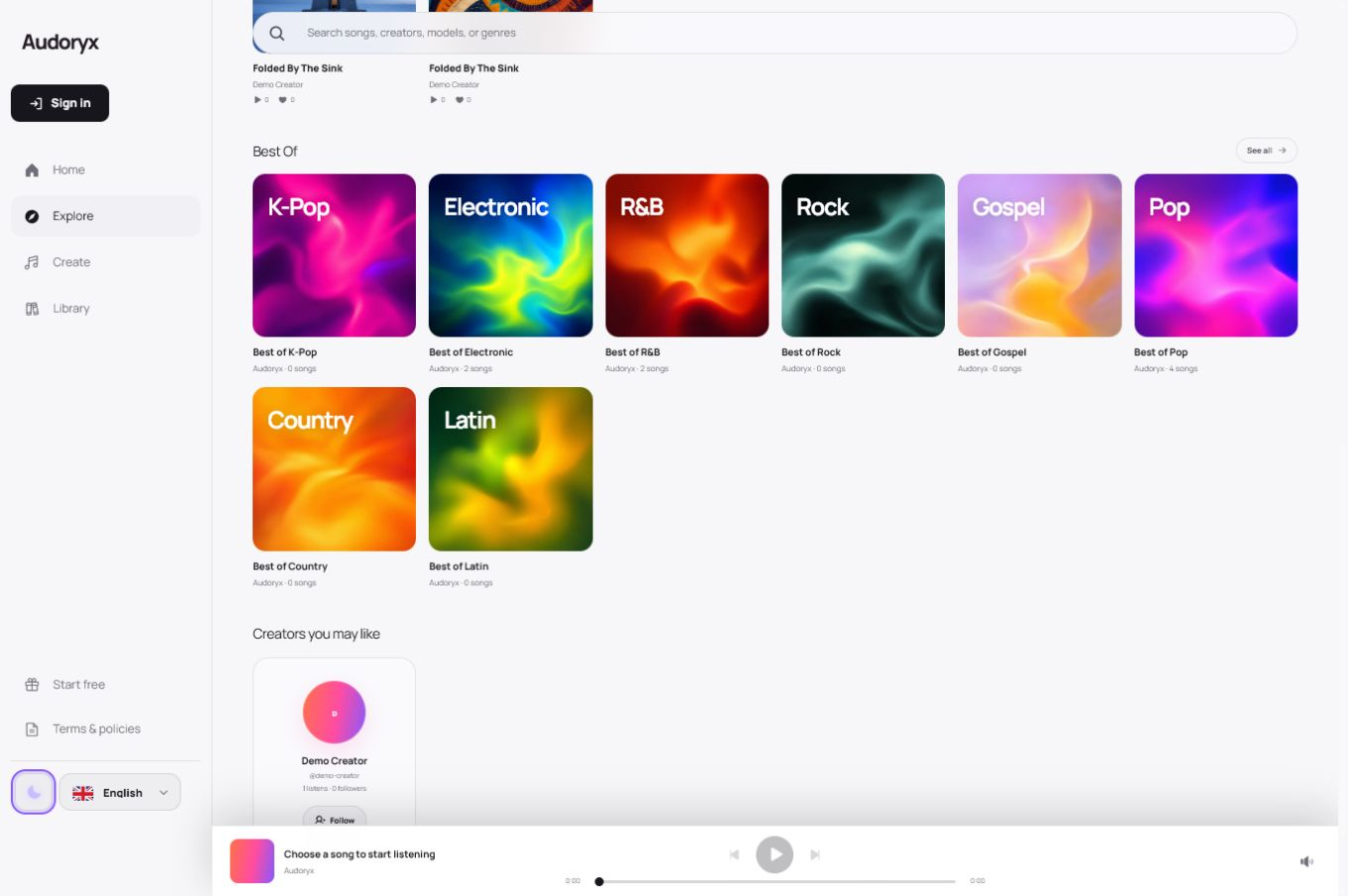 Audoryx Explore page in light mode with eight distinct original category covers for K-Pop, Electronic, R&B, Rock, Gospel, Pop, Country, and Latin.