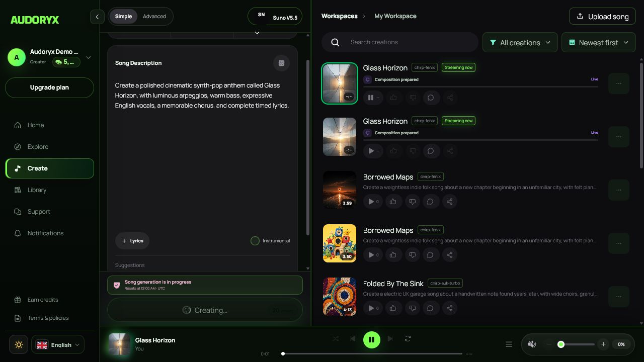 Audoryx creator workspace showing early Suno song titles and artwork, Streaming now badges, enabled play controls, and active playback before generation completes.