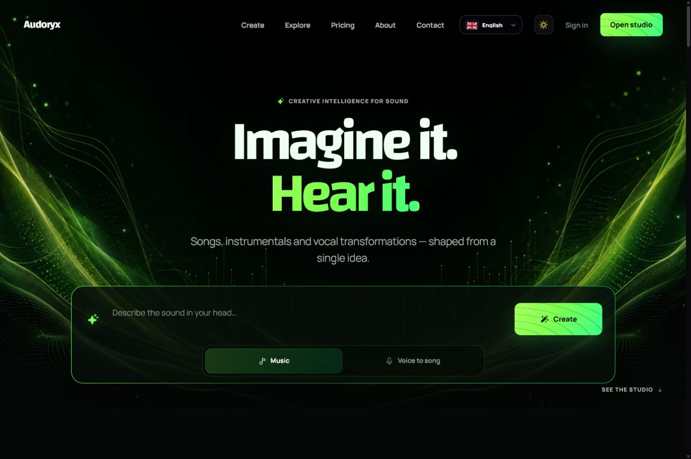Neon Verdant landing page with theme-specific artwork, navigation, appearance control, studio entry, prompt field, Music and Voice to Song modes.