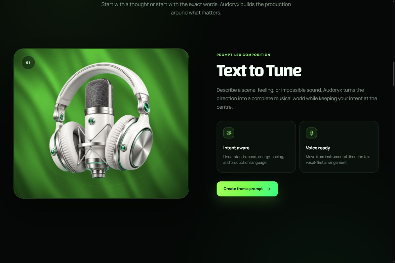 Neon Verdant landing page showing the restored original 3D microphone artwork inside a green Silk-backed Text to Tune feature card.